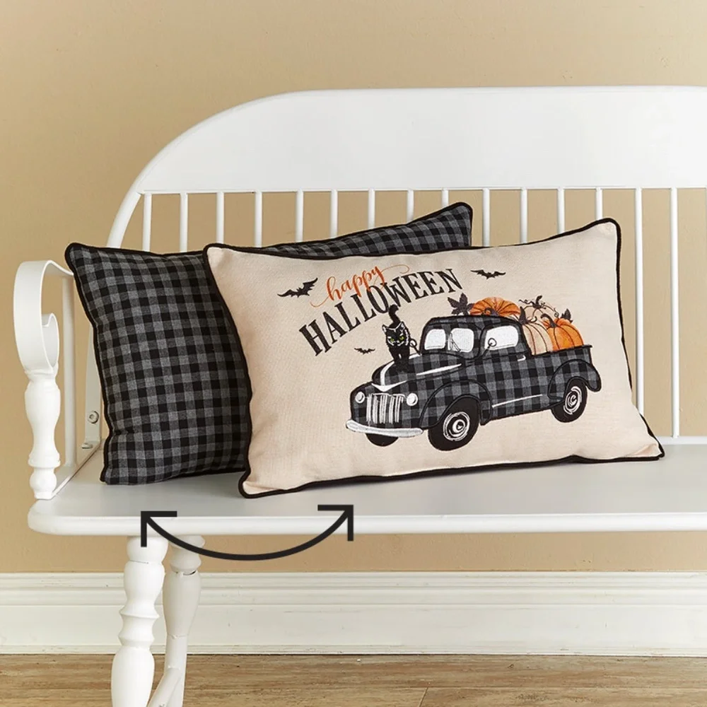 Happy Halloween Vintage Farm Truck w Black Cat Pumpkins Decorative Pillow New - Picture 1 of 2